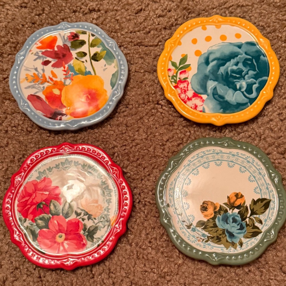 Pioneer Woman Stoneware Coasters Set of 4 Mixed Floral Cork Back 4in Round